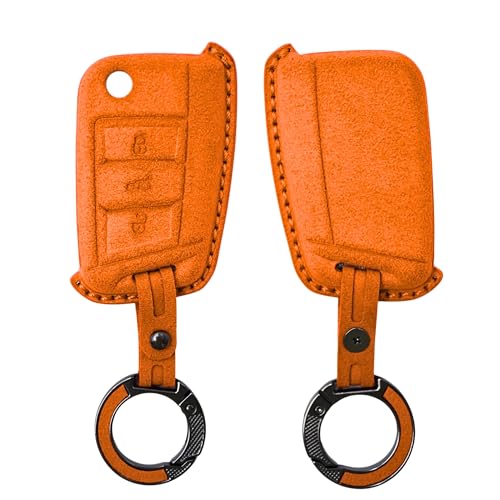 Image of KMH Alcantara Car Key Cover Compatible with Volkswagen Polo Vento Jetta Ameo Passat and Skoda Rapid Laura Superb Octavia Fabia Yeti 3 Button Shell Case Keycover with Keychain (D1) Orange - Pack of 2