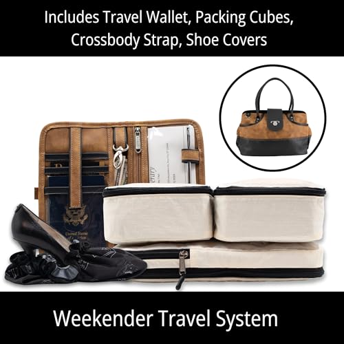 BORSALI Weekender Duffel Bag for Women with Packing Cubes, Travel Wallet, Shoe Covers, Crossbody Strap, Vegan Leather (Brown Duffel)3