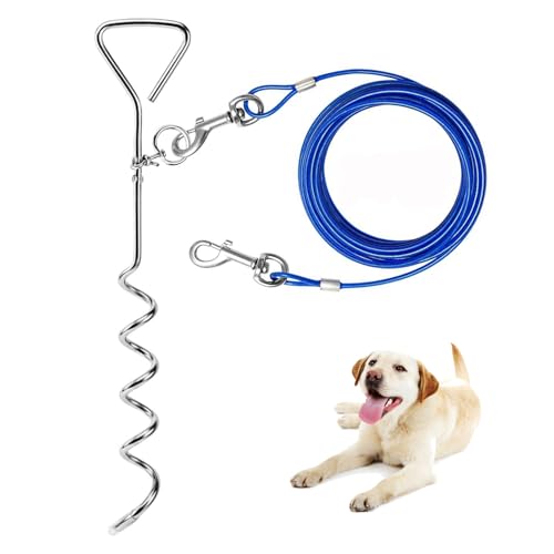 Dog Tie Out Cable and Stake, Outside Dog Leash&Chain for Camping and Yard, 16'' Heavy Duty Anti Rust Spiral Stake for Medium-Large Dogs Up to 125 lbs (Blue, 125lbs 40FT)