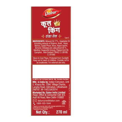 Image of Dabur Cool King Thanda Tel Hair Oil - 270ml | Power of 11 Ayurvedic Herbs | Relaxing & Refreshing Cooling Effect | Relieves Headache, Fatigue, Sleeplessness & Stress | Suitable for Men's & Women