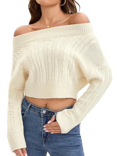 Women Off Shoulder Sweaters Batwing Sleeve Knit Pullover Long Sleeve Cropped Sweater Tops Fall Outfits
