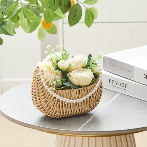 Taiyin 2 Pcs Rattan Flower Girl Basket with Pearl Handle 7 x 5 x 4 Inches Small Half Moon Wicker Basket for Wedding Flower Girl Picnic Garden Storage and Home Decor (Light Brown) by Taiyin - Image 4