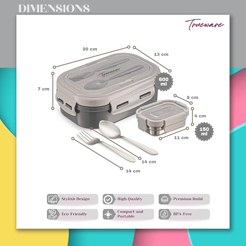 Image of Trueware Picaso Jr. Insulated Inner Steel Thermoware BPA Free, Airtight, Food Grade, 2 Containers Lunch Box 750 ML | for School, Kids, Boy & Girl | Hot Lunch Box