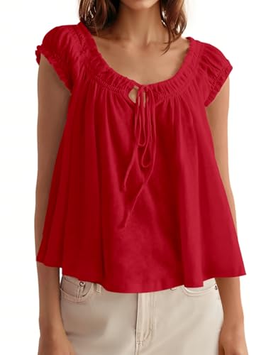 Image of Tankaneo Women Summer Tie Front Tank Tops Cap Sleeve Pleated Babydoll Tops Casual Loose Fit Going Out Flowy Shirt