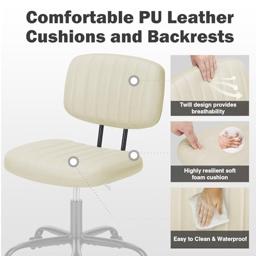Image of DUMOS Small Armless Home Desk Executive Chair with Low Back Lumbar Support, Height Adjustable PU Leather Computer Office Chair with 360 Swivel Wheels for Kids and Adults, Beige