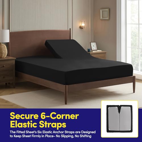 Image of Split Head King Sheets Set for Adjustable Beds 4 Piece Flex Top Bed Sheets - Deep Pocket Split Top Fitted Sheet with Built-in Corner Straps, Luxury Soft Cooling Bedding, Wrinkle Resistant, Black