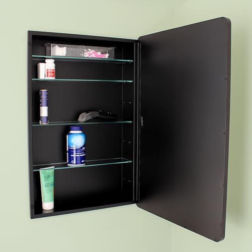 Image of 20x30 Austin Farmhouse Metal Framed Rounded Rectangle Recessed Bathroom Medicine Cabinet, Beveled Mirror, 18x28 in-Wall Opening, powder-coated Steel, Adjustable Glass Shelves, Magnet Close, Black