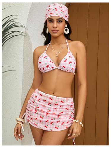 Image of RoseSeek Women's 4 Piece Polka Dots Bathing Suits Cover Up Skirt & Bandana