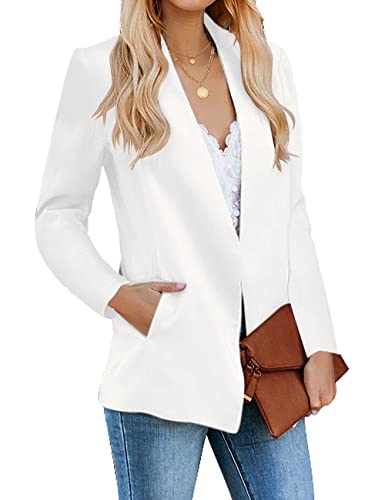 Vetinee Women's Bright White Casual Open Front Pockets Blazer Long Sleeve Work Office Cardigan Jacket Coat Size Medium #TOP2
