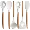 KIBNOF Kitchen Cooking Utensils Set 6Pcs Non-Stick Silicone Cooking Kitchen Utensil Spatula Spoon Turner Ladle Pasta Server Set Heat Resistant Wooden Handle Kitchen Gadgets Utensil Set For Cookware Dbno1072