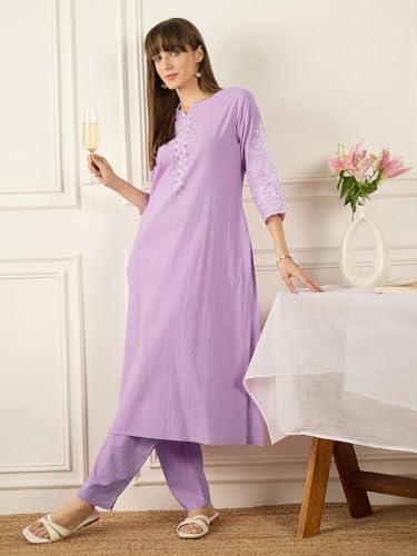 Image of INDO ERA Women's Embroidered Anarkali Kurta Pant Set with Dupatta | Cord Set For Women Cotton