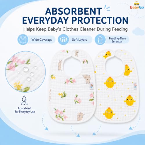 Image of BabyGo Muslin Cotton Baby Bibs | Pure Cotton 8-Layer Super Absorbent Cartoon Print Feeding & Drool Bibs | Ultra-Soft, Washable & Reusable Bibs for Infants, Toddlers & Newborns | Pack of 2 (Multicolor)