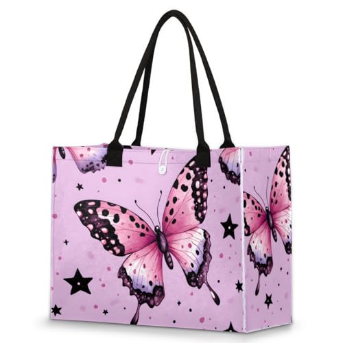 Purple Butterfly Black Star Tote Bag for Women Large Beach Bag Reusable Tote Bags for Work Travel Beach Shopping