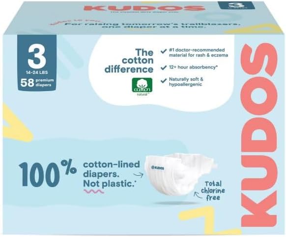 Kudos Chlorine Free Premium Diapers, Cotton-Lined, Size 3, 29 * 2=58 Count, 14-24 lbs