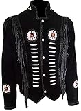 Classyak Women's Western Suede Leather Jacket with Beads, Fringes and Bones, Suede Black, X-Small