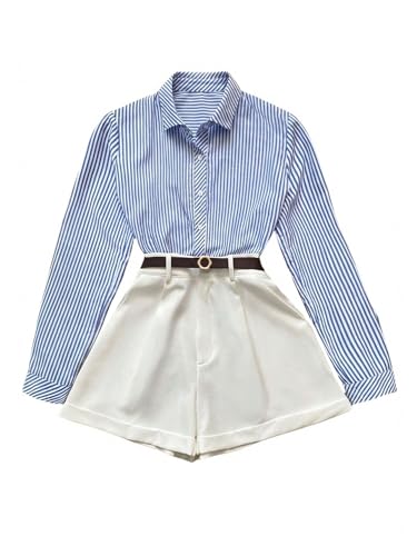 WDIRARA Women's 2 Piece Outfits Striped Button Up Shirts Shorts