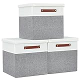 DECOMOMO Storage Basket with Lid, Storage Cubes with Handles, Fabric Box with Lid (Grey and White, 13” / 3 Pack)
