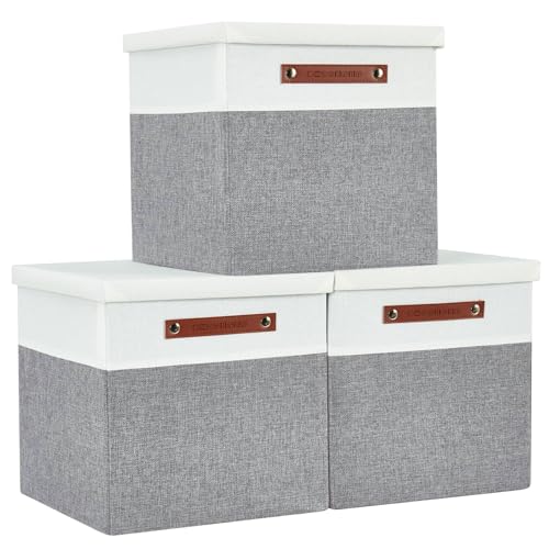 DECOMOMO Storage Basket with Lid, Storage Cubes with Handles, Fabric Box with Lid (Grey and White, 13” / 3 Pack)