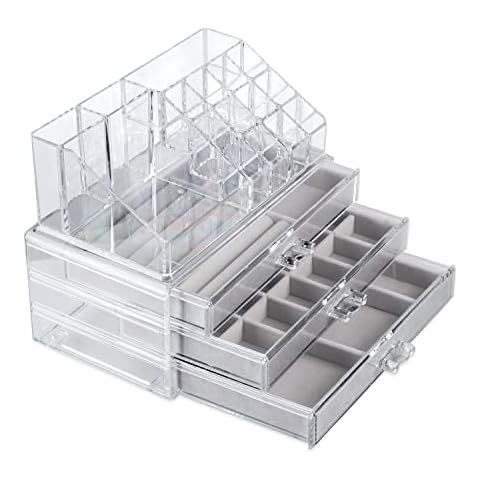 SWAWIS Jewellery Boxes for Women with 3 Drawers, Velvet Jewellery Box, Jewellery Storage Organiser for Necklace Ring Bangle Earring Storage, Clear Acrylic Jewellery Boxes+Lipstick Holder Cover