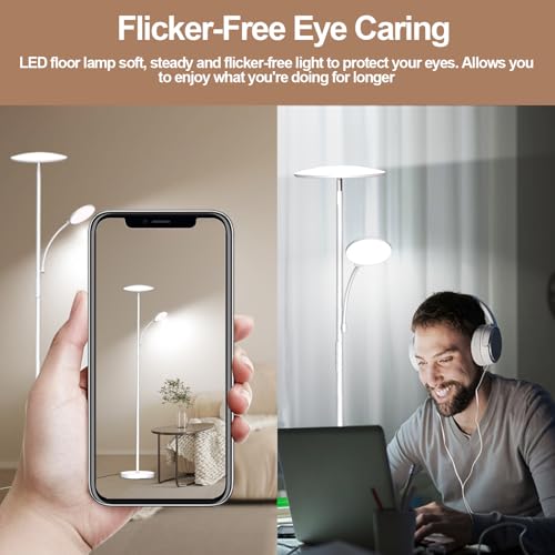 marctronic Weiß LED Stehlampe Deckenfluter Dimmbar, 42W 4200LM Superhelle Wohnzimmer Stehlampe mit Leselampe, 175CM Hohe Moderne Standleuchte mit Fernbedienung & Touch Steuerung für Schlafzimmer BüRo