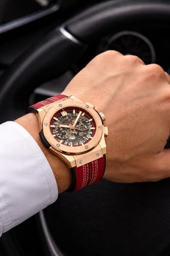 Image of Luxury Skeleton Dial Men's Watch with Rose Gold Case & Red Premium Strap