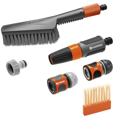 Gardena Cleansystem Grundausstattung S soft: Reinigungsbürste, Reinigungssticks und Anschlussarmaturen, zur Nassreinigung von kleineren, empfindlichen Oberflächen (18862-20)
