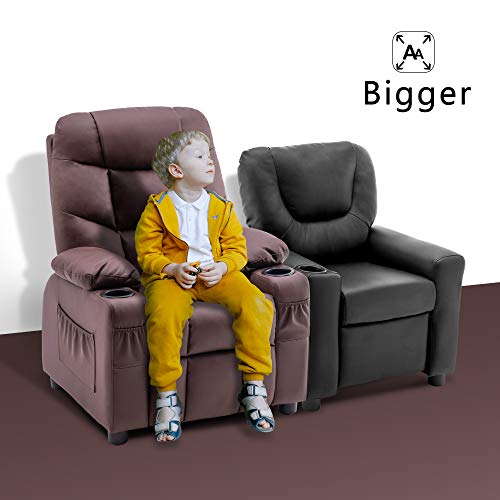 Mcombo Big Kids Recliner Chair With Cup Holders For Boys And Girls Room, 2 Side Pockets, 3+ Age Group, Faux Leather 7366 (Light Brown) #TOP2