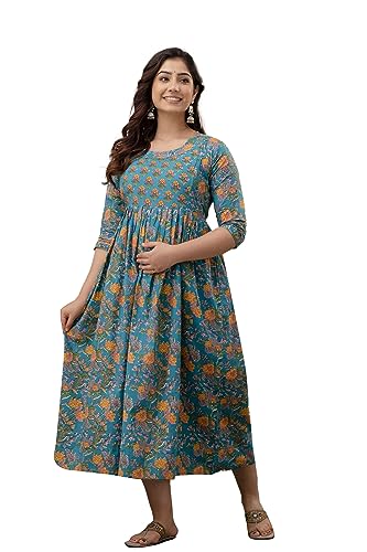 Image of The Moon Star Women's Cotton Floral Printed Anarkali Maternity Feeding Kurti | Breastfeeding Dress for Mothers | Zipper Feeding Kurti, Nursing Kurti, Comfortable and Trendy Maternity Wear