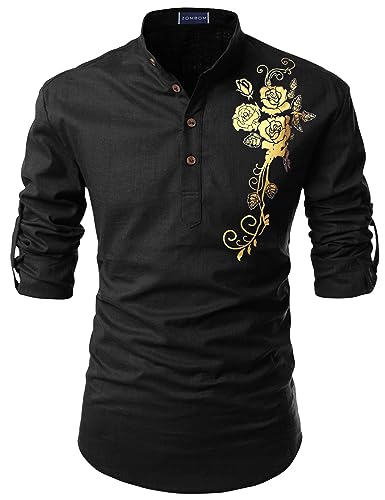 Image of Zombom Men's Casual Cotton Polyester Blend Printed Full Sleeve Short Kurta Shirt