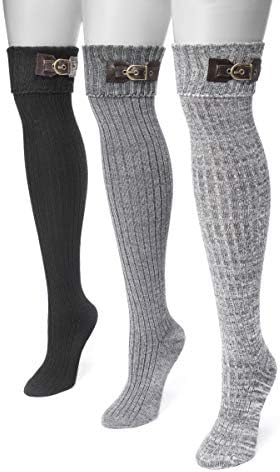 MUK LUKS Women's 3 Pair Buckle Cuff Over the Knee Socks - Black