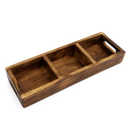 Image of HusNain Wooden Bathroom Tray with 3 Compartments Multipurpose Kitchen Countertop Organizer, Soap Dish, Candles & Accessories Vanity for Bathroom Sink (3 Compartment)