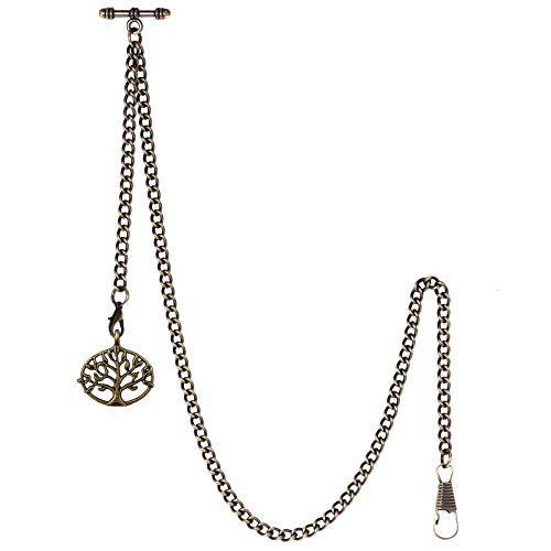TREEWETO Men's Double Albert Chain Pocket Watch Curb Link Key Chain 2 Hooks with Antique Life Tree Pendant Design Charm Fob T Bar Bronze