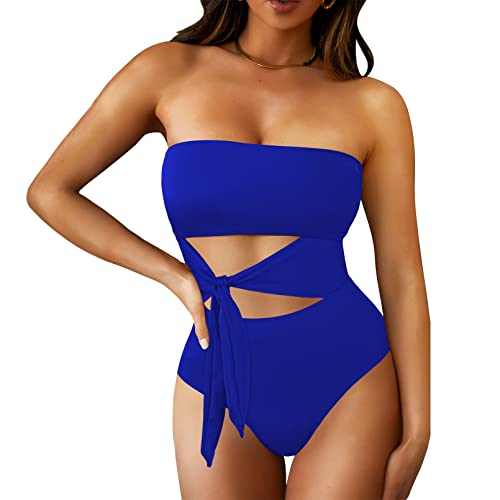 Image of Viottiset Women's Bandeau One Piece Swimsuit Strapless Tie High Cut Out Bathing Suit