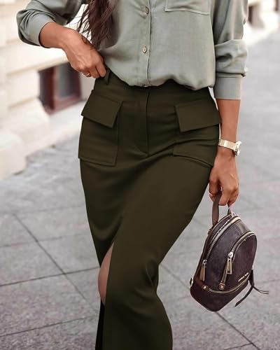 Image of KIRUNDO Womens High Waist Cargo Midi Pencil Skirt | Business Casual Skirts, Patch Pockets, Front Split, Button Closure, Summer Fall Fashion Clothing, Daily Wear Work Outfits