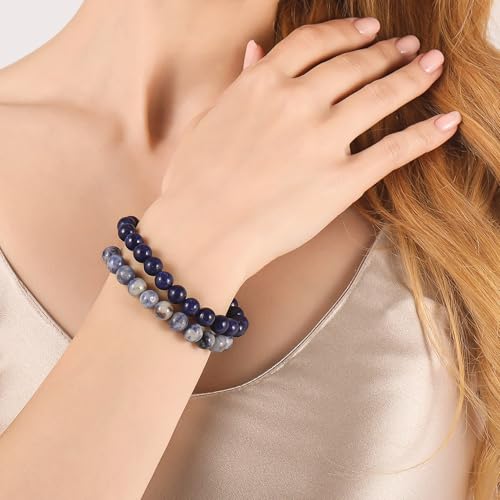 Jardme Healing Stone Bracelets for Women, 8mm Beaded Bracelets Anxiety Lapis Lazuli Bracelet Stretch Trend Yoga Bracelet, Birthday Gifts for Women2