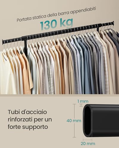 SONGMICS Stand Appendiabiti con Rotelle, Portabiti per Carico Pesante, Barra Estensibile, Portata 130 kg, 45 x (110-150) x 162,9 cm, Metallo Cromato, Nero Opaco HSR011B01 - Immagine 3