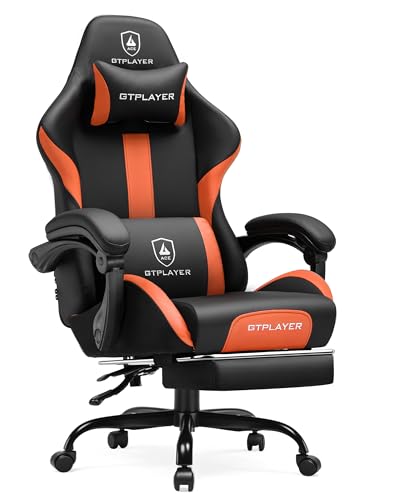 GTRACING Gaming Chair with Foot Rest & Pocket Spring Cushion, Ergonomic High Back Computer Chair with Headrest & 360°-Swivel Seat for Home Office Desk, PU Leather, Orange