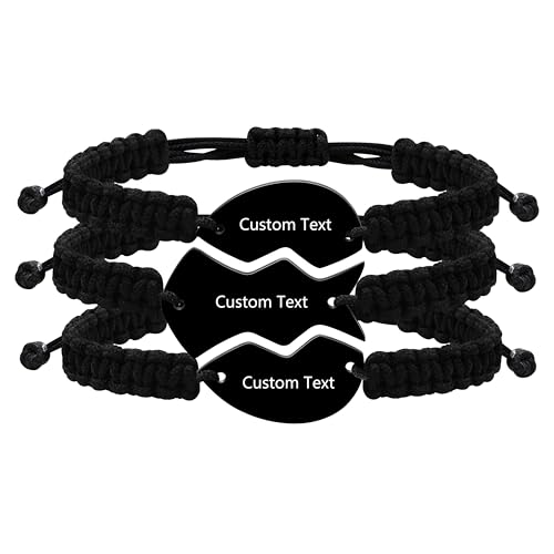 Image of Personalize 3PCS Friendship Bracelets Heart Puzzle Matching Handmade Woven Braided Black Rope Bracelet Set for Best Friends Sisters