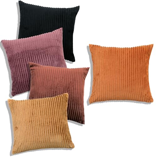 Image of RD TREND Cushion Cover Set of 5, Decorative Sofa Living Room Home Square Cushion Covers 24 Inch x 24 Inch, Aesthetic Corduroy Striped Double Sided (Multicolor-3, Pack of 5)