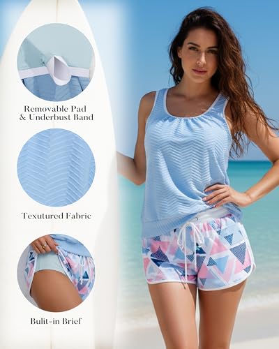 Image of Aidonger Women's Tankini Swimsuit Modest Two Piece Bathing Suit Tummy Control Athletic Blouson Tank Top with Short Bottoms