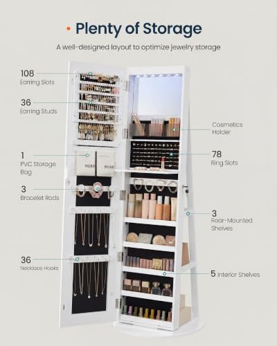 SONGMICS HOME LED Standing Jewelry Armoire, Full Length Mirror with Lights, Lockable Large Jewelry Box, Vanity Mirror with Storage, Space-Saving Organizer, Gift Idea, White UJJC008W01SH - Image 8