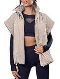 Imily Bela Women's Winter Puffer Vest Sleeveless Stand Collar Zipper Padded Drop Shoulder Coat, Khaki, Large