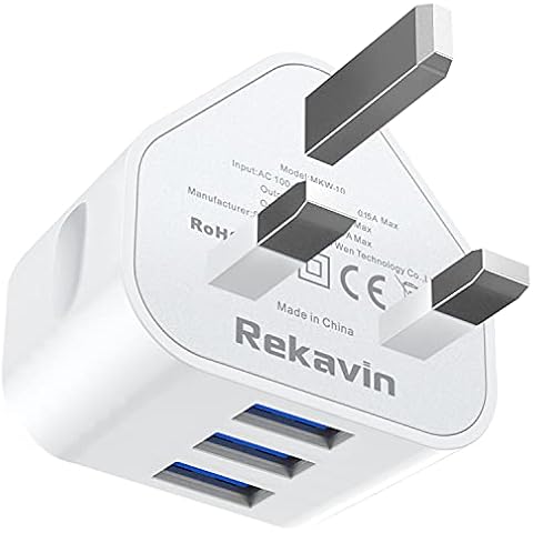 USB Plug Adaptor UK 3 Pin USB Mains Charger,Rekavin Triple Port Multi USB Wall Plug 12W with Smart IC 5V/2.4A Charging Technology Charge for iPhone 13 12 11 10 XS Max XR X 8 Plus 7 6 6S,Samsung,iPad Cover