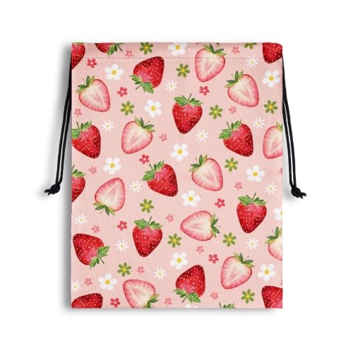 Image of Strawberry Storage Bag With Drawstring Small Flowers Print Waterproof Pouch for Travel Beach