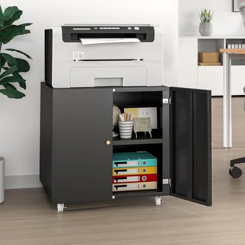 TEEALUBAN Printer Stand with Storage Cabinet with Wheels,3D Heavy Duty Metal Large Printer Table with Adjustable Shelf for Home Office, Mobile Printer Cart,Black,23.6