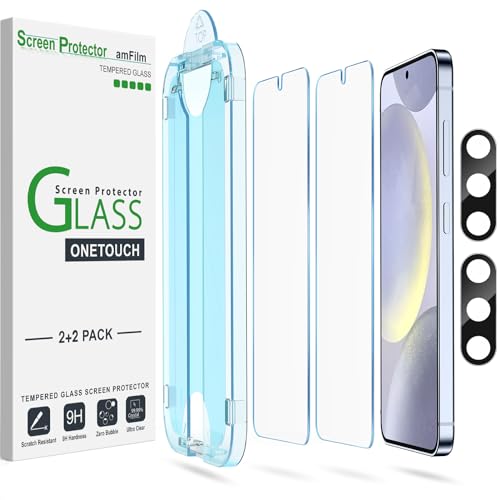 amFilm [2+2 Pack OneTouch Tempered Glass Screen Protector Guard for Samsung Galaxy S24 Plus 6.7 Inch with Camera Lens Protector, 9H Hardness, Easy Installation and Bubble Free.