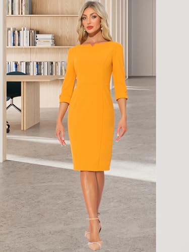Image of Allegra K Work Dress for Women 3 /4 Sleeve Boat Neck Back Slit Sheath 2026 Professional Bodycon Business Casual Dresses
