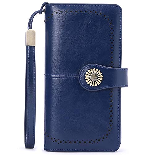 KELEEL Women's RFID Blocking Wallet Genuine Leather Clutch Wallet Card Holder Organizer Ladies Purse (Dark Blue)