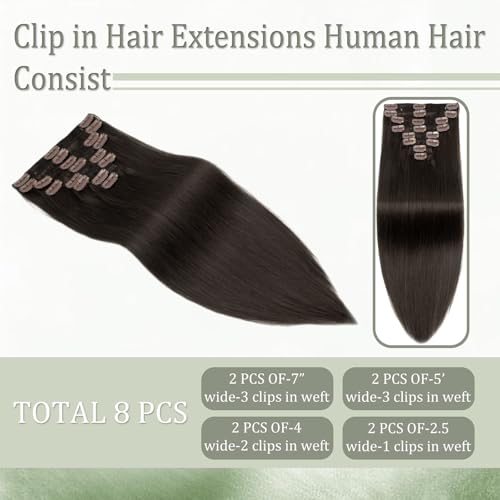 Dark Brown Clip in Hair Extensions Real Human Hair for Women Invisible Natural Straight Seamless Clip in Hair Extensions Human Hair 8pcs Double Weft 2.8oz/70g (#2 Dark Brown, 20 Inch)