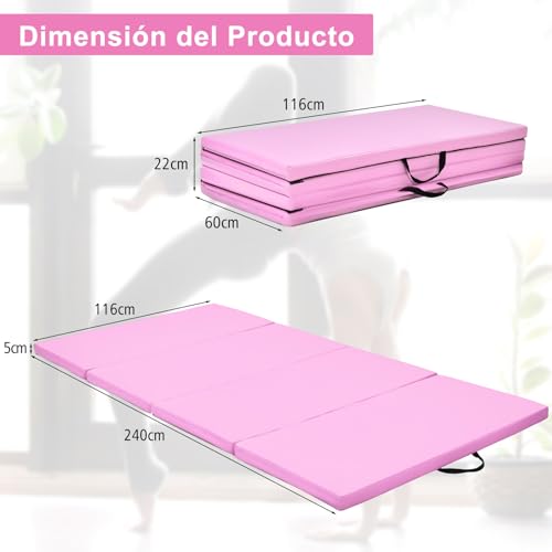 Miniatura 2 de Costway Colchoneta Gimnasia De 240 X 120 X 5 Cm, Colchoneta De Ejercicio Plegable Con Manija De Transporte,Impermeable, Cuero De Pu Desmontable, Para Yoga Fitness Hogar Rosado